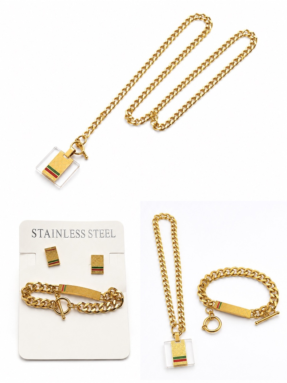 Gold-Tone Men's Chain Necklace and Bracelet Set with Green-Red Accent